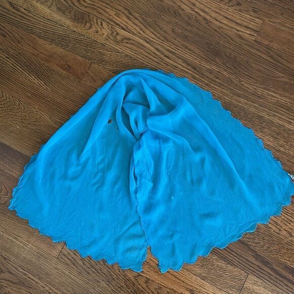Vtg 60s Regal Aqua/turquoise triple sheer rayon neck scarf with scalloped edges - Picture 6 of 7